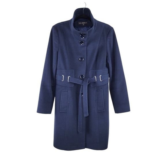 Via Spiga Women's Size 10 Navy Blue Felted 100% Wool Button-Up Belted Coat - Picture 2 of 13
